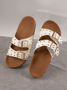 SHUZIA Vegan Leather Gold Studded Buckled Slides Summer Shoes Spring Shoes Spring Break Easter Vacation Shoes Casual Shoes Beach Shoes Mother's Day Present For Christmas Valentine's Day - White - View 3