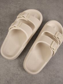 SHUZIA Double Buckle Flatform Footbed Flat Sandals - Beige - View 4