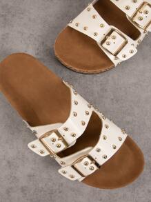 SHUZIA Vegan Leather Gold Studded Buckled Slides Summer Shoes Spring Shoes Spring Break Easter Vacation Shoes Casual Shoes Beach Shoes Mother's Day Present For Christmas Valentine's Day - White - View 4