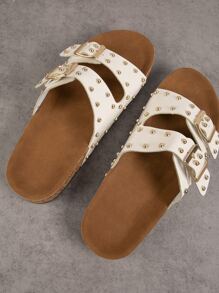 SHUZIA Vegan Leather Gold Studded Buckled Slides Summer Shoes Spring Shoes Spring Break Easter Vacation Shoes Casual Shoes Beach Shoes Mother's Day Present For Christmas Valentine's Day - White - View 2