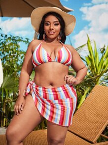 Bộ bikini tam giác sọc cầu vồng cỡ lớn có che chắn bãi biển mùa hè - Nhiều màu - Xem 1