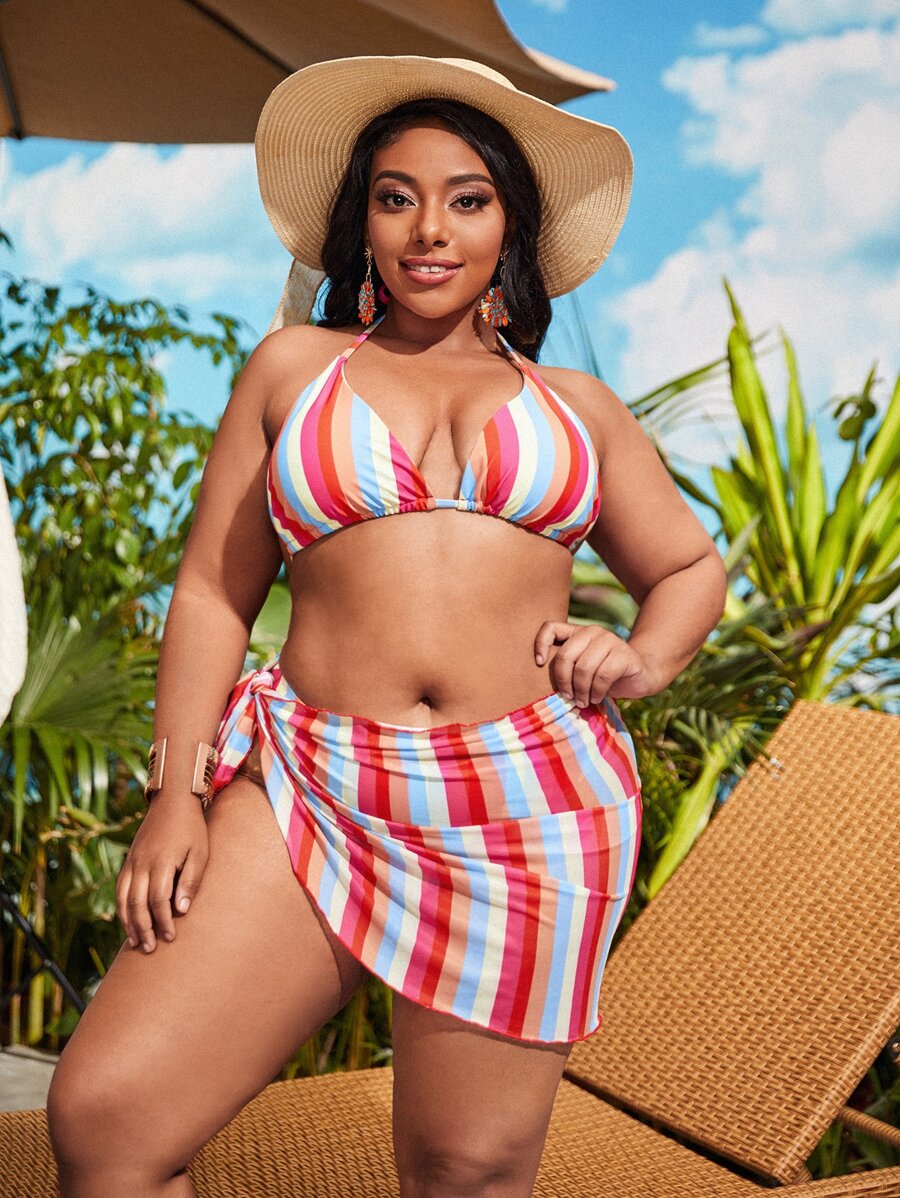 Bộ bikini tam giác sọc cầu vồng cỡ lớn có che chắn bãi biển mùa hè - Nhiều màu - Xem 1