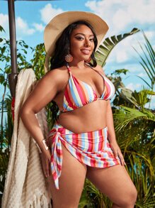 Bộ bikini tam giác sọc cầu vồng cỡ lớn có che chắn bãi biển mùa hè - Nhiều màu - Xem 3