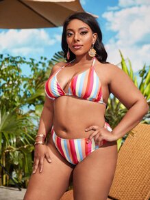 Bộ bikini tam giác sọc cầu vồng cỡ lớn có che chắn bãi biển mùa hè - Nhiều màu - Xem 4