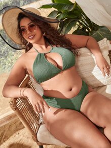 大尺碼紋理掛脖比基尼套裝夏日海灘 - 軍綠色 - 查看 1
