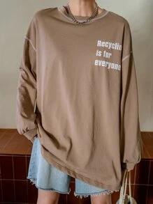 DAZY Slogan Graphic Drop Shoulder Topstitching Tee - Mocha Brown - View 2