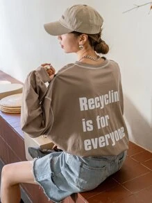 DAZY Slogan Graphic Drop Shoulder Topstitching Tee - Mocha Brown - View 1