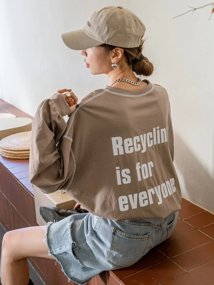 DAZY Slogan Graphic Drop Shoulder Topstitching Tee - Mocha Brown - View 1