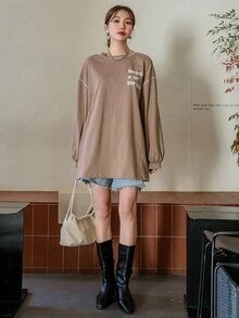DAZY Slogan Graphic Drop Shoulder Topstitching Tee - Mocha Brown - View 3