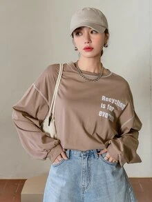 DAZY Slogan Graphic Drop Shoulder Topstitching Tee - Mocha Brown - View 5