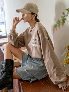 DAZY Slogan Graphic Drop Shoulder Topstitching Tee - Mocha Brown - View 6