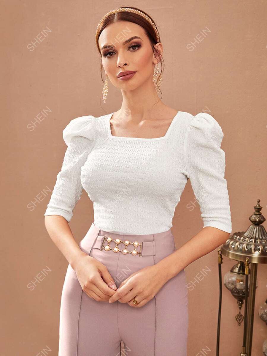 Modelyn Tricou cu mâneci bufante cu gât pătrat