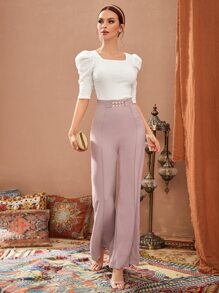 Modelyn Tricou cu mâneci bufante cu gât pătrat