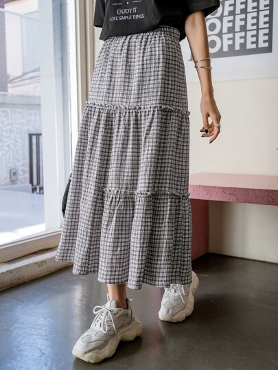 DAZY High Waist Plaid Layered Hem Skirt