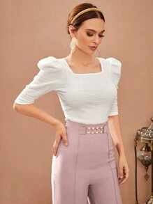 Modelyn Tricou cu mâneci bufante cu gât pătrat