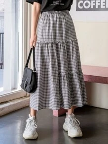 DAZY 高腰格紋多層下擺半身裙 - 灰色 - 查看 5