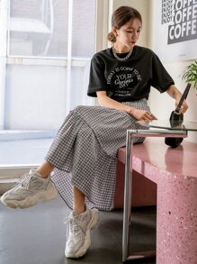 DAZY 高腰格紋多層下擺半身裙 - 灰色 - 查看 7