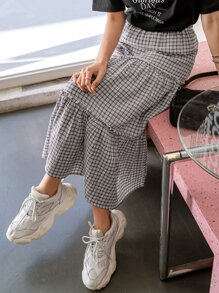 DAZY 高腰格紋多層下擺半身裙 - 灰色 - 查看 8