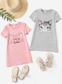 SHEIN 小女童2入組貓和標語圖案T恤連衣裙 - 彩色 - 查看 1