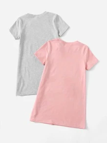 SHEIN 小女童2入組貓和標語圖案T恤連衣裙 - 彩色 - 查看 2