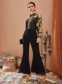 Modelyn Solid High Waist Flare Leg Trousers - Black - View 5