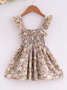 SHEIN Young Girl Allover Floral Print Shirred Ruffle Trim Dress - Multicolor - View 1