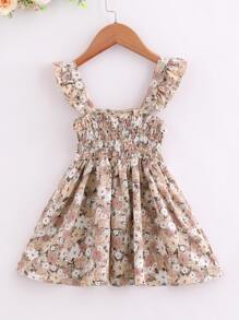 SHEIN Young Girl Allover Floral Print Shirred Ruffle Trim Dress - Multicolor - View 2
