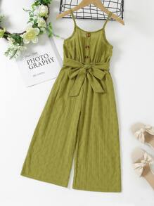 Niñitas Jumpsuit de tirantes con botón falso con cinturón - Verde Oliva - Ver 1