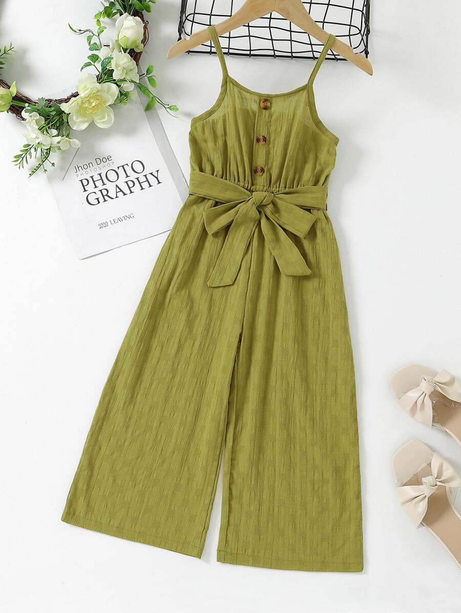 Niñitas Jumpsuit de tirantes con botón falso con cinturón - Verde Oliva - Ver 1