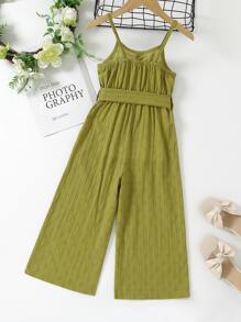 Niñitas Jumpsuit de tirantes con botón falso con cinturón - Verde Oliva - Ver 2
