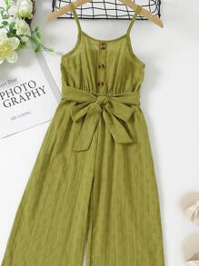 Niñitas Jumpsuit de tirantes con botón falso con cinturón - Verde Oliva - Ver 3