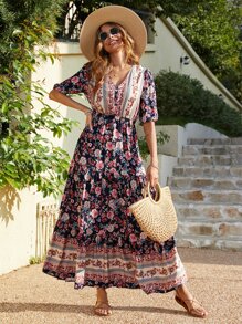 Floral Print Ruffle Hem Dress - Multicolor - View 1