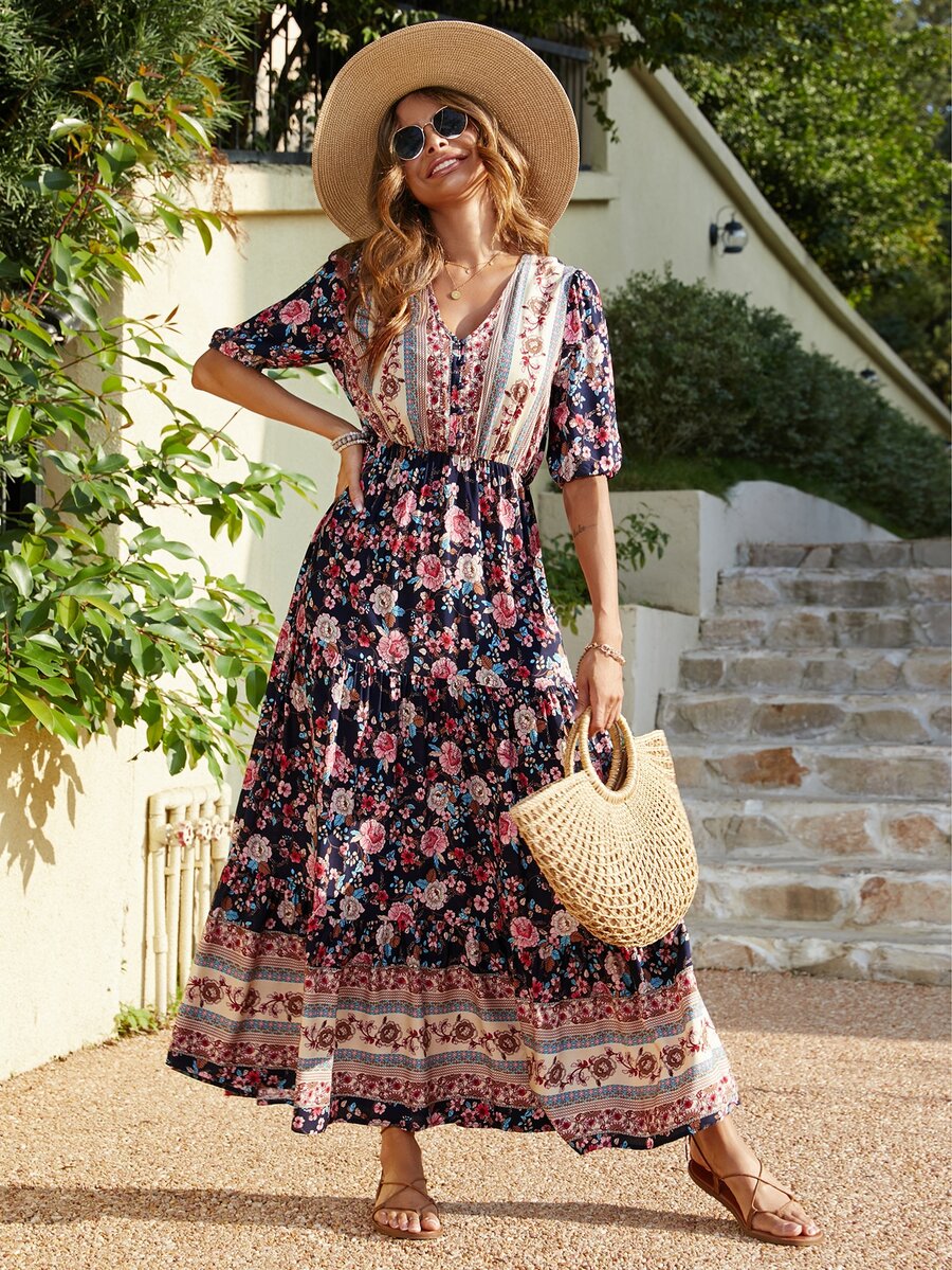 Floral Print Ruffle Hem Dress - Multicolor - View 1