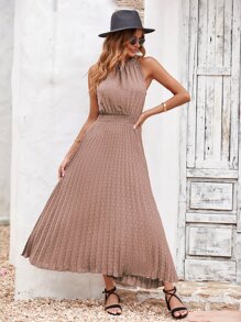Breezaya Swiss Dot Shirred Waist Pleated Hem Dress - Dusty Pink - View 4