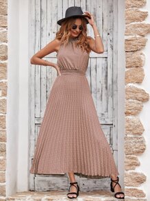 Breezaya Swiss Dot Shirred Waist Pleated Hem Dress - Dusty Pink - View 5