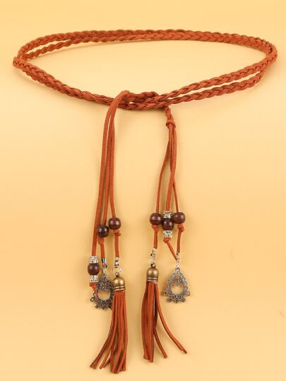 1 pieza Cinturón de cuerda trenzada con decoración de flecos para mujer, estilo bohemio, para verano, escuela, otoño, Halloween