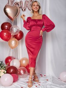 Eilly Bazar Lantern Sleeve Button Front Split Back Satin Dress - Red - View 1