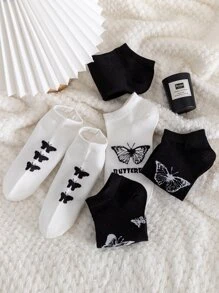 5 双蝴蝶印花短袜 - 黑與白 - 查看 2