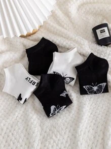 5 双蝴蝶印花短袜 - 黑與白 - 查看 3