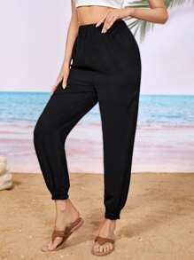 SHEIN Elastic Waist Tapered Trousers - Black - View 1