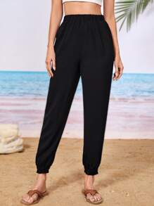 SHEIN Elastic Waist Tapered Trousers - Black - View 3