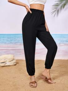 SHEIN Elastic Waist Tapered Trousers - Black - View 4