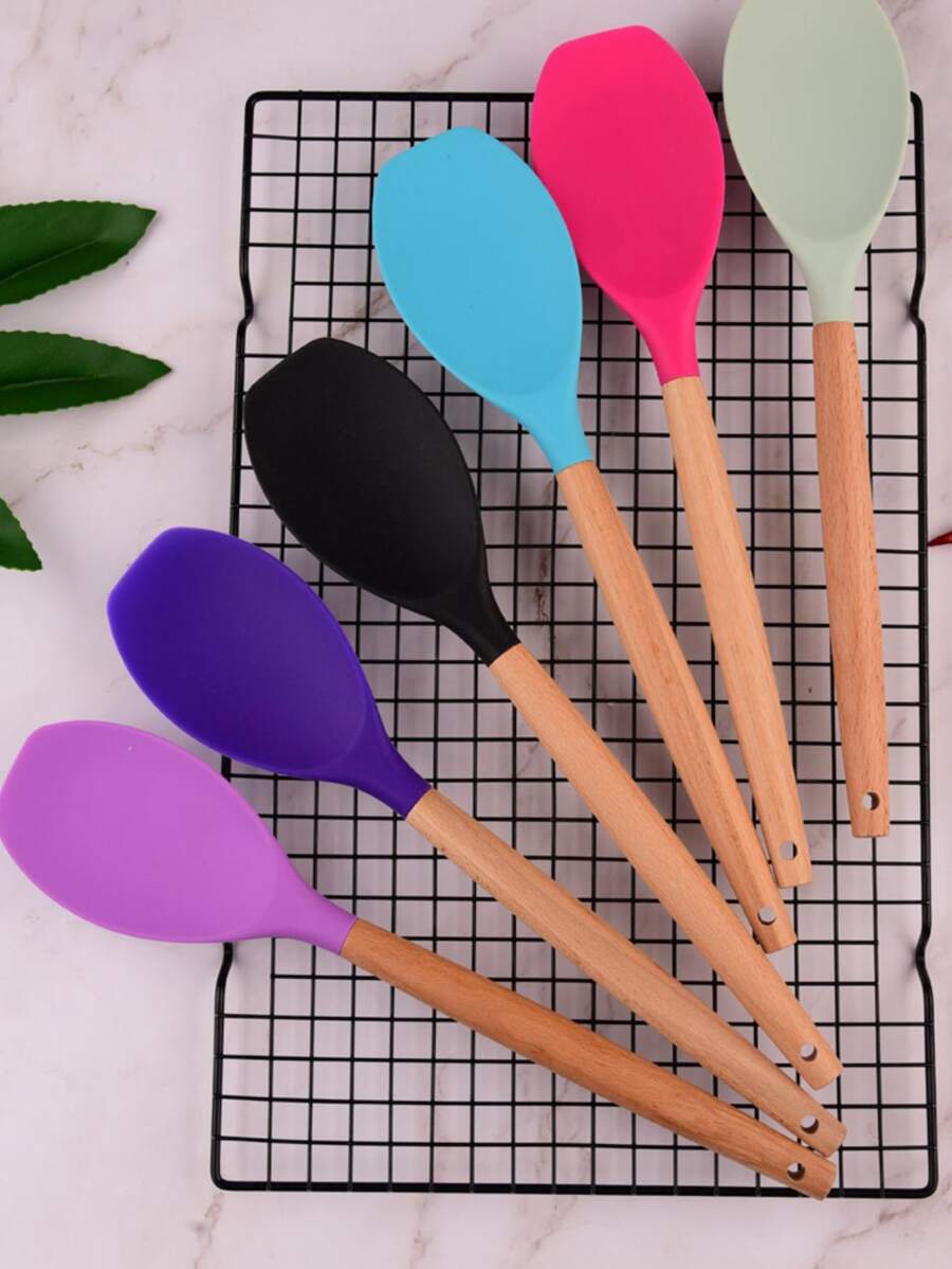 1pc Silicone Kitchenware Cooking Utensil Kitchen Accessories,Non-stick Spoon Cookware Spatula Shovel,Egg Beater,Wooden Kitchen Tool - Multicolor - View 1