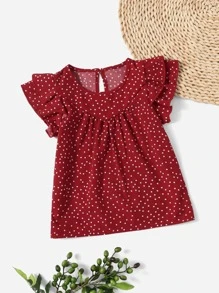 SHEIN Toddler Girls Polka Dot Layered Ruffle Trim Keyhole Back Blouse - Burgundy - View 1