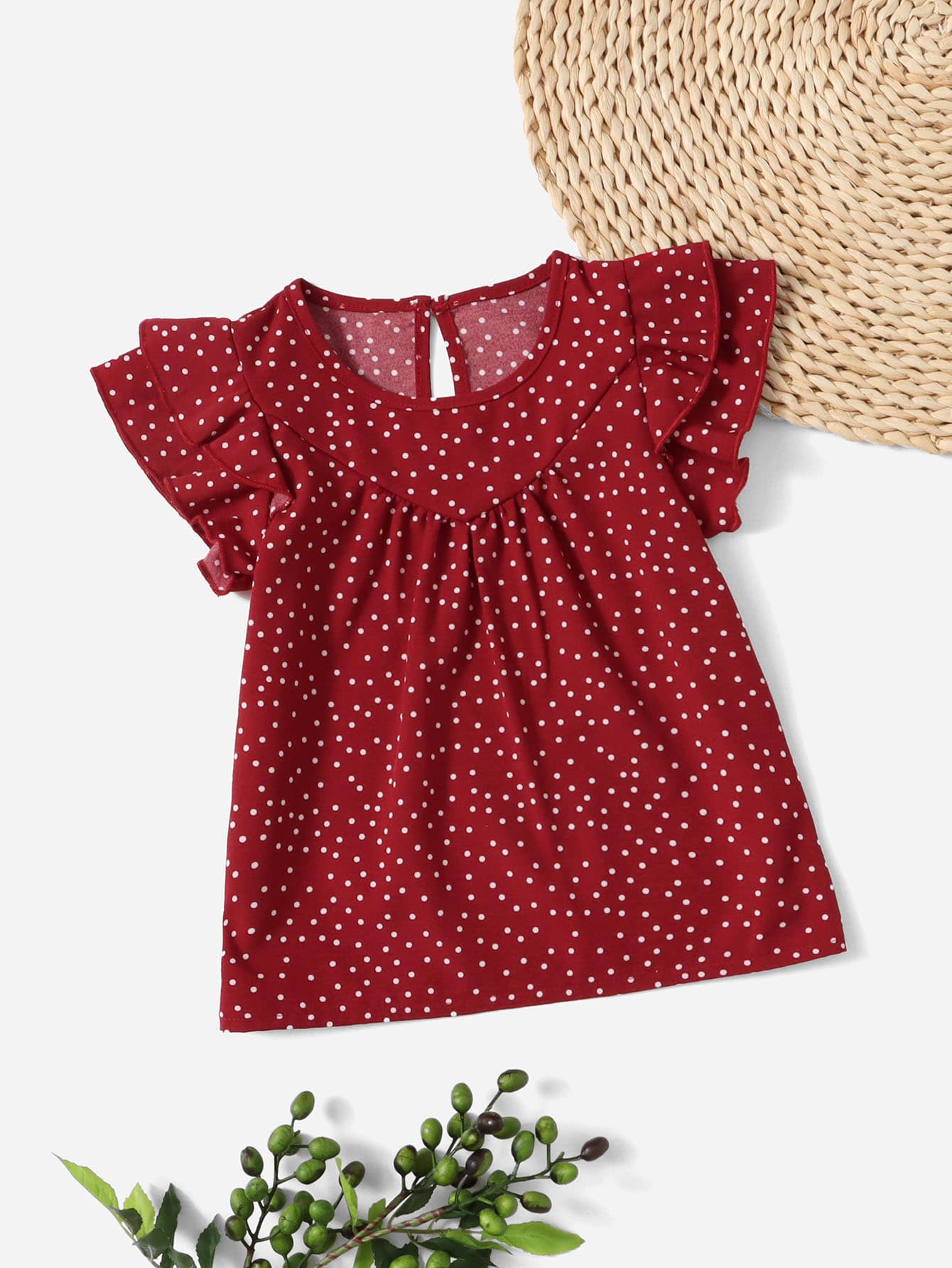 SHEIN Toddler Girls Polka Dot Layered Ruffle Trim Keyhole Back Blouse - Burgundy - View 1