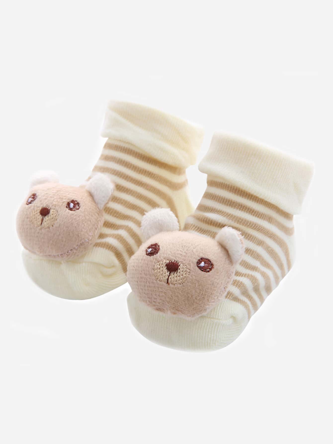 Bebé Calcetines con estampado de rayas con diseño de oso - Caqui - Ver 1