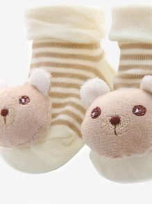 Bebé Calcetines con estampado de rayas con diseño de oso - Caqui - Ver 3