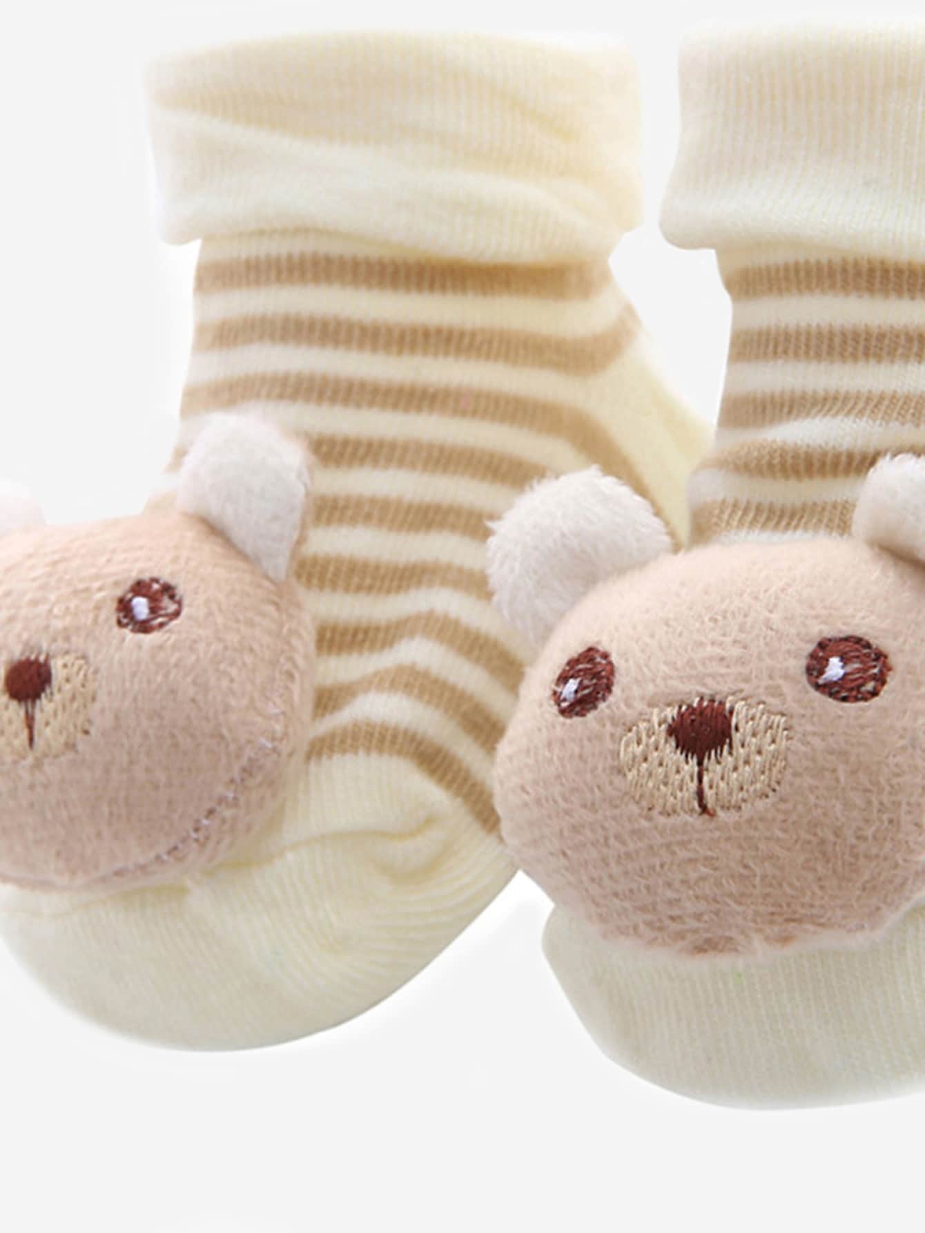 嬰兒條紋印花熊裝飾襪子 - 卡其色 - 查看 3
