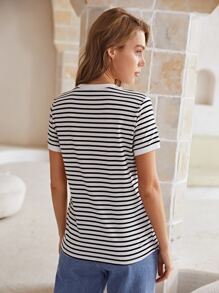 SHEIN EZwear Striped Ringer Tee - Black and White - View 2