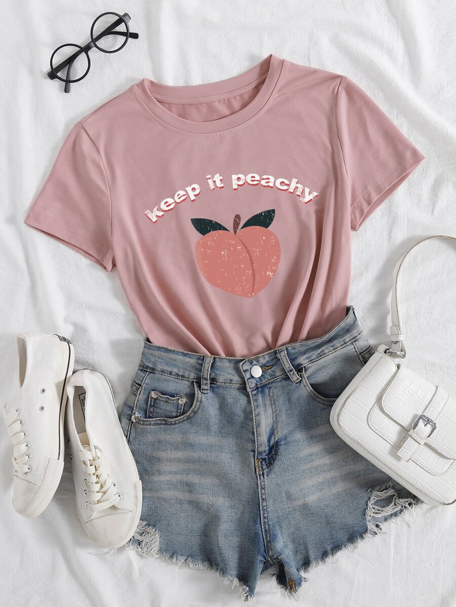 Peach & Slogan Graphic Tee - Baby Pink - View 1
